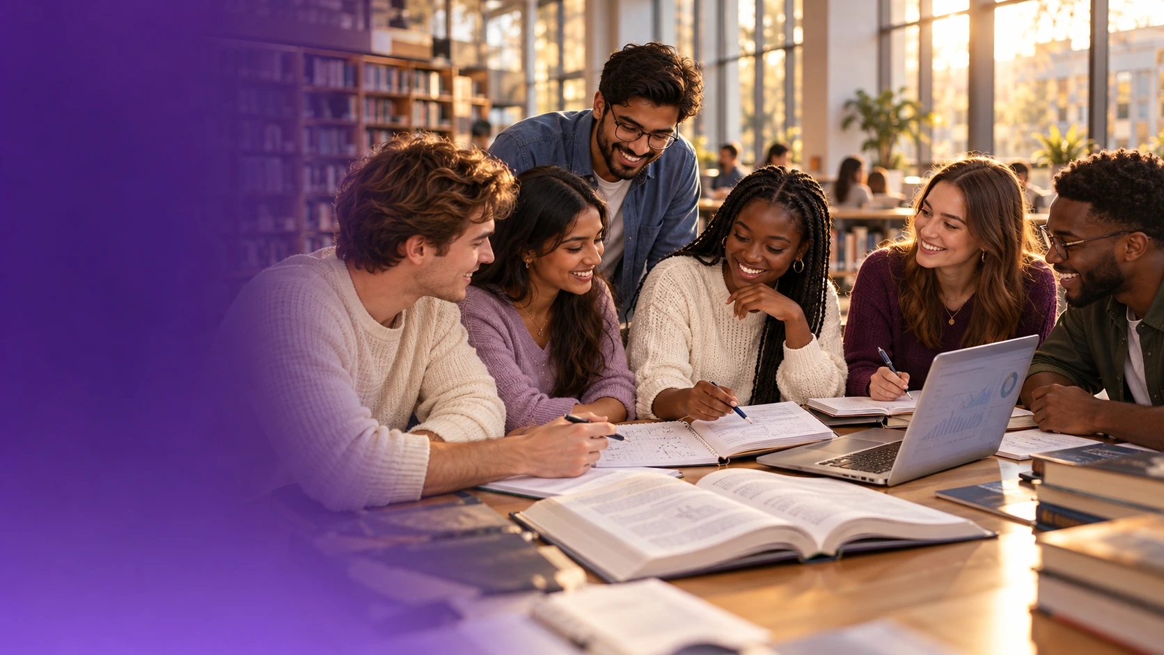 Six male and female university students with diverse skin tones studying, discussing and taking notes together; AI-generated illustrative image