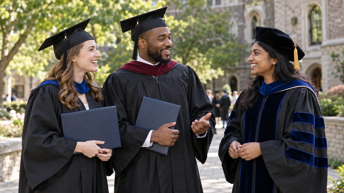 Diverse postgraduate graduates wearing master’s and doctoral academic regalia; AI-generated illustrative scene