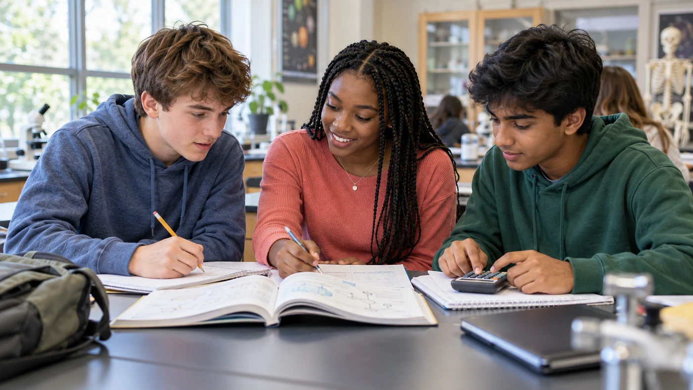 Teenage high-school students with diverse skin tones studying in a science classroom; AI-generated illustrative scene