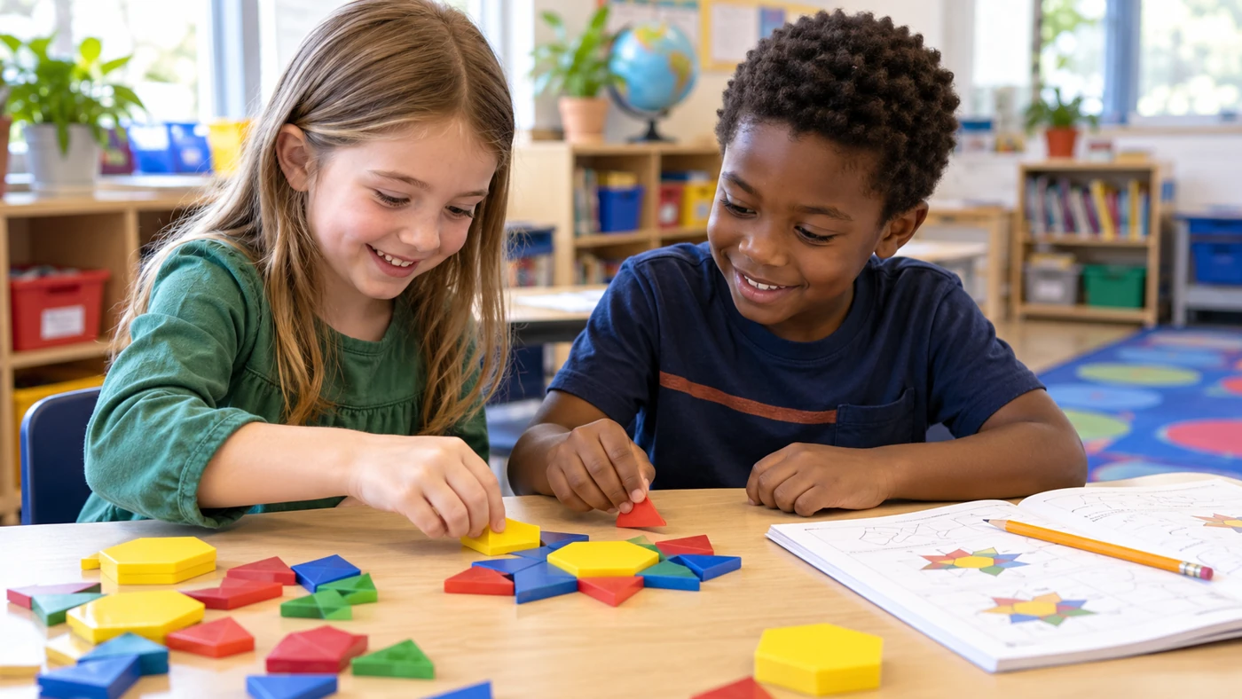 A white girl and a Black boy exploring a mathematics puzzle together; AI-generated illustrative scene