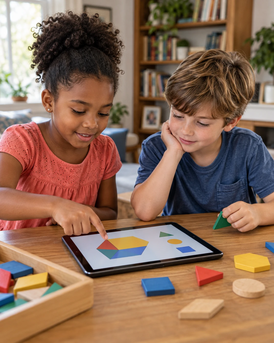 A Black girl and a white boy exploring mathematics with a tablet and wooden shapes at home; AI-generated illustrative scene
